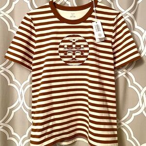 Tory Burch Brown & Ivory Striped Logo T-shirts Large NWT New